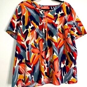 Denim & Co. Pintuck Short-sleeved, colorfully patterned shirt. Sz L. NWOT.